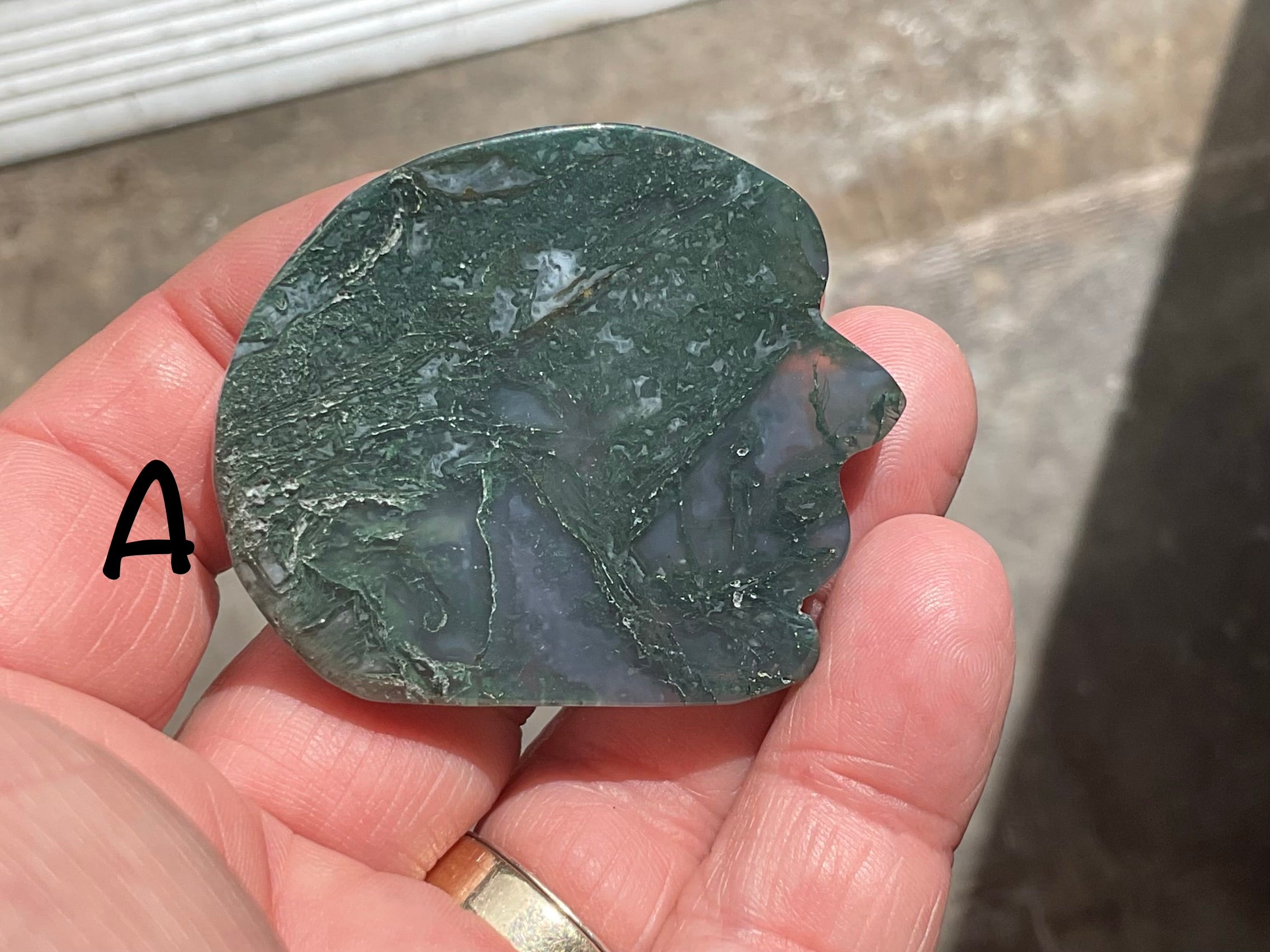 Moss Agate “Man in Moon” Carving Group 1