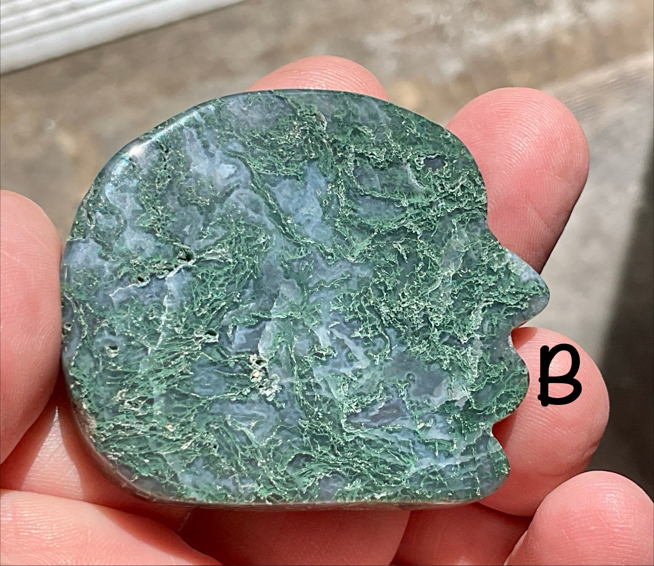 Moss Agate “Man in Moon” Carving Group 1