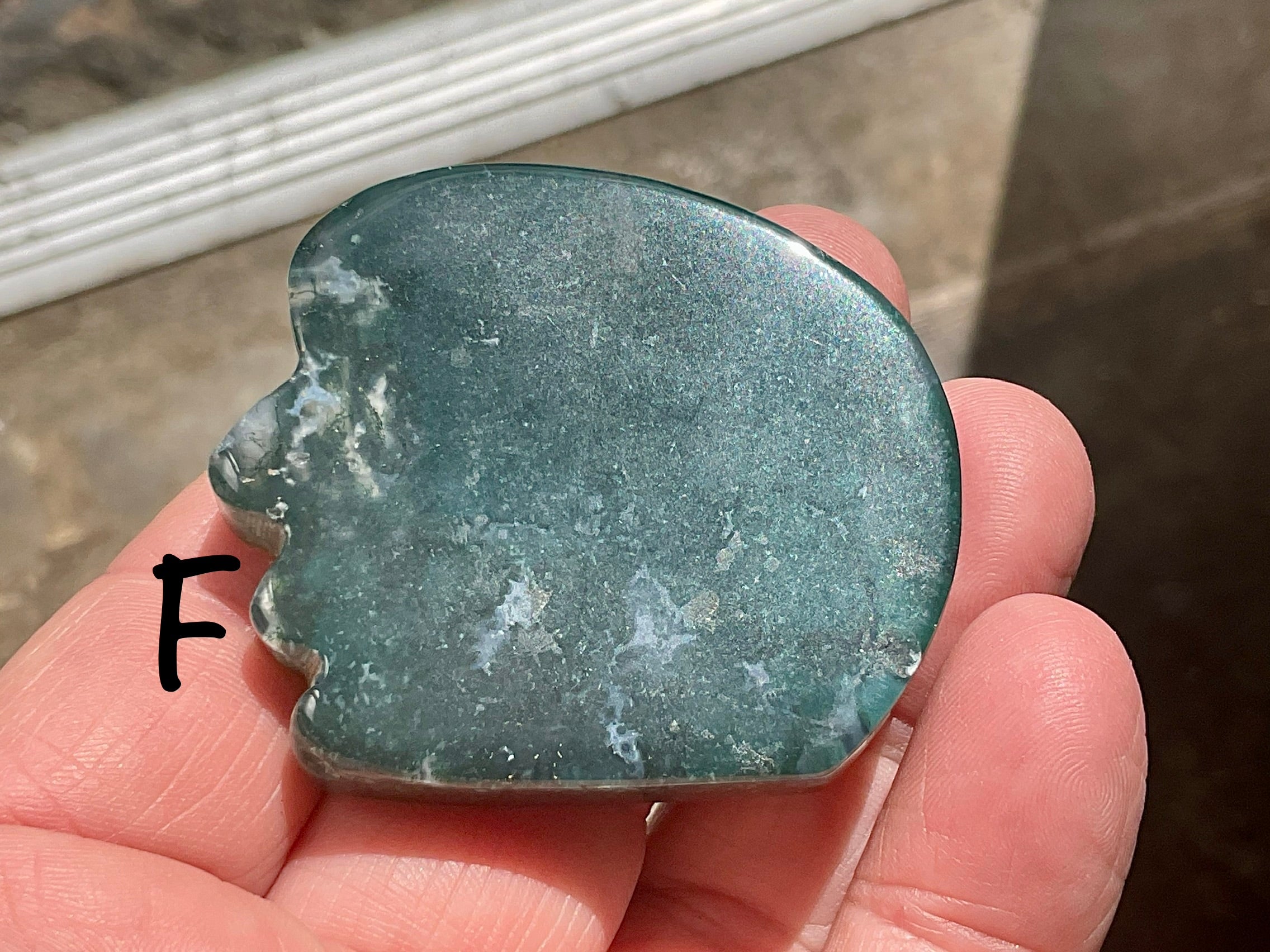 Moss Agate “Man in Moon” Carving Group 1