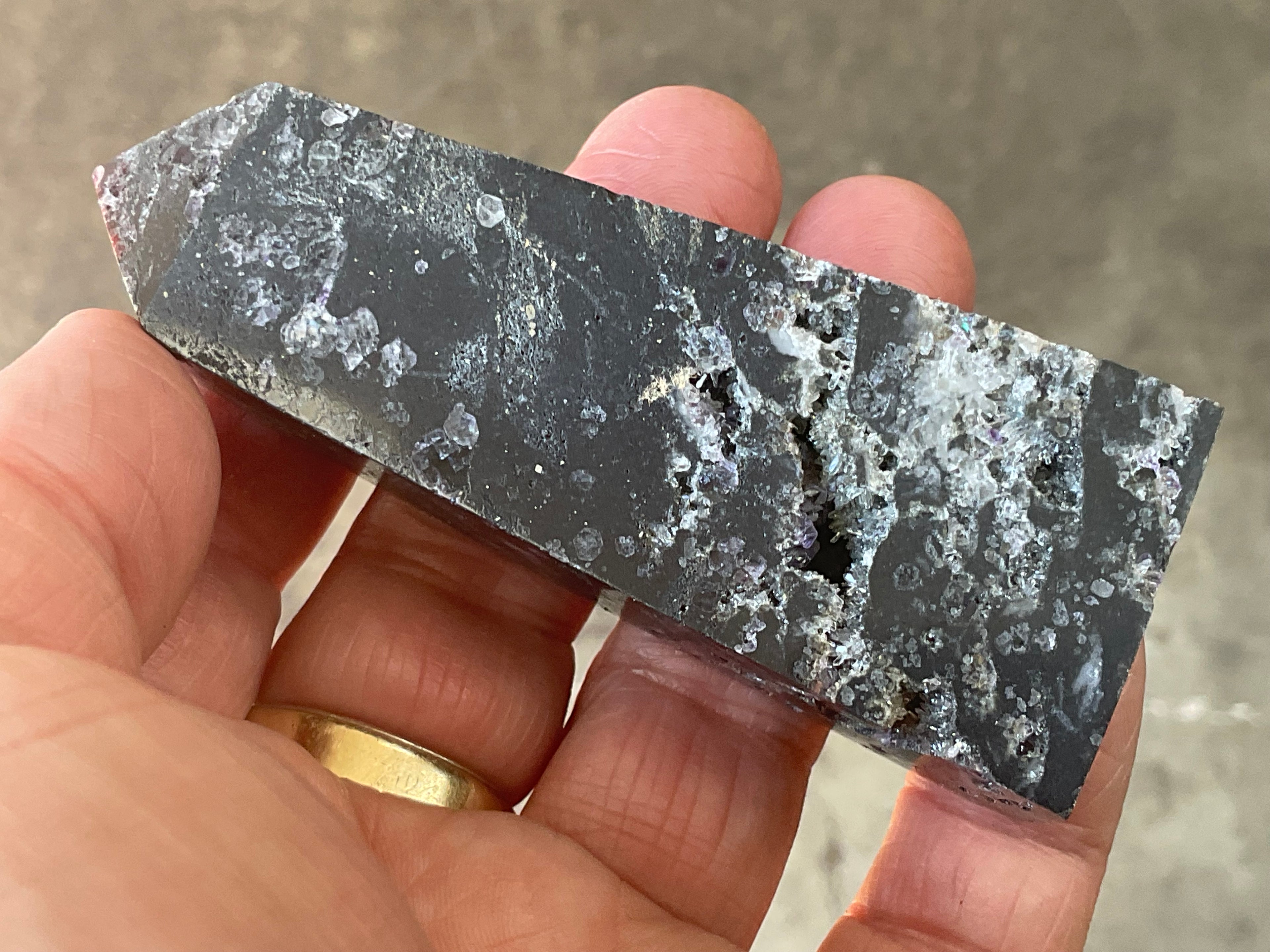 100g Chalcedony on Druzy Quartz Generator With Lavender Fluorite and Clear Quartz 2A