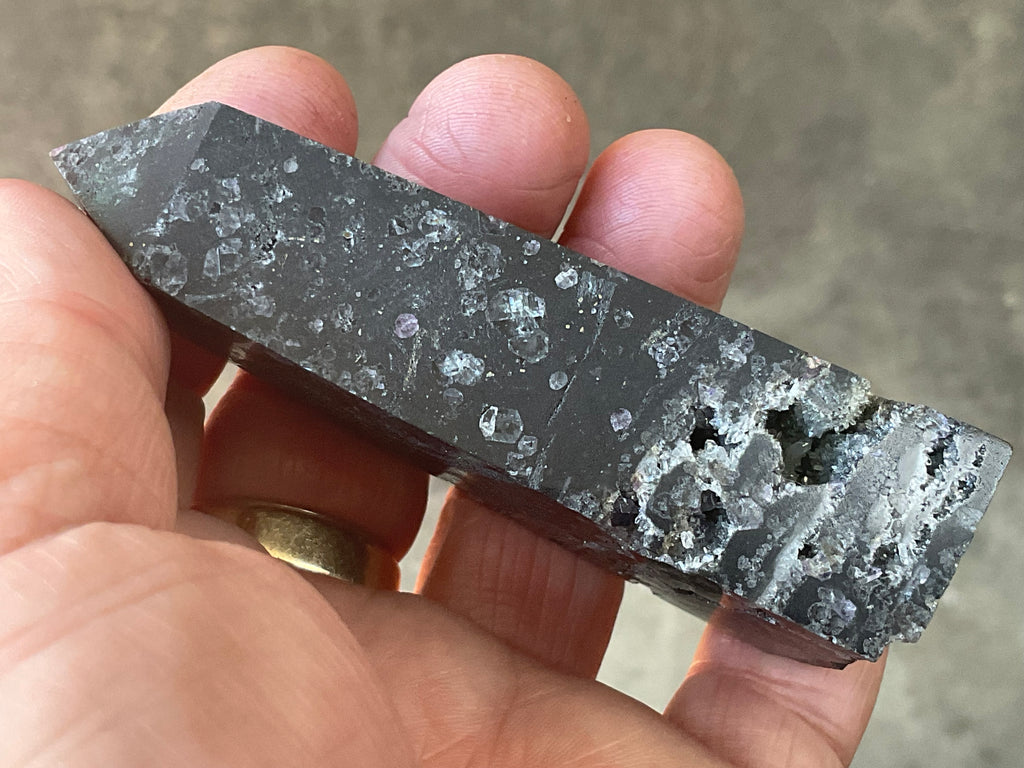 100g Chalcedony on Druzy Quartz Generator With Lavender Fluorite and Clear Quartz 2A