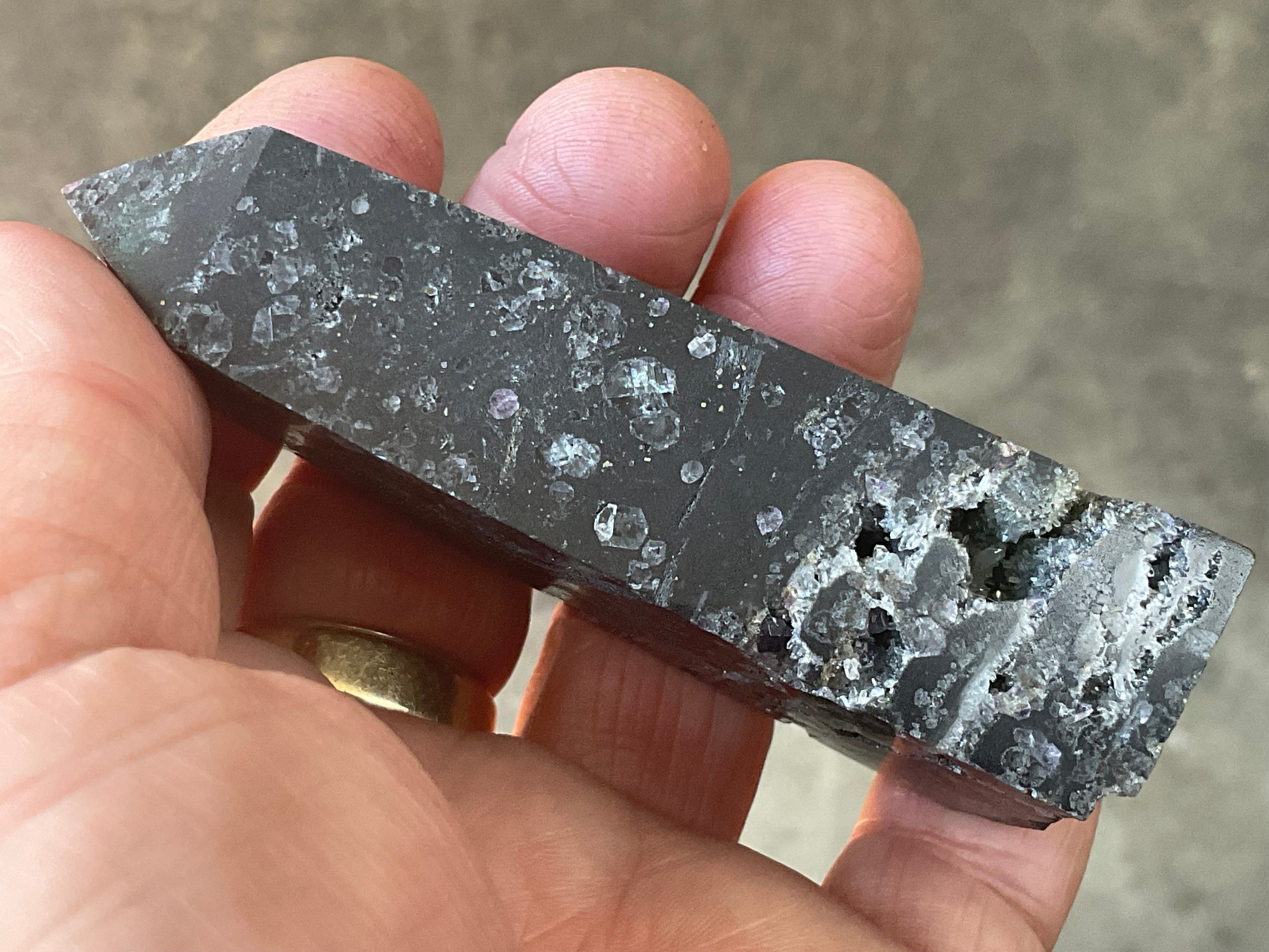 100g Chalcedony on Druzy Quartz Generator With Lavender Fluorite and Clear Quartz 2A