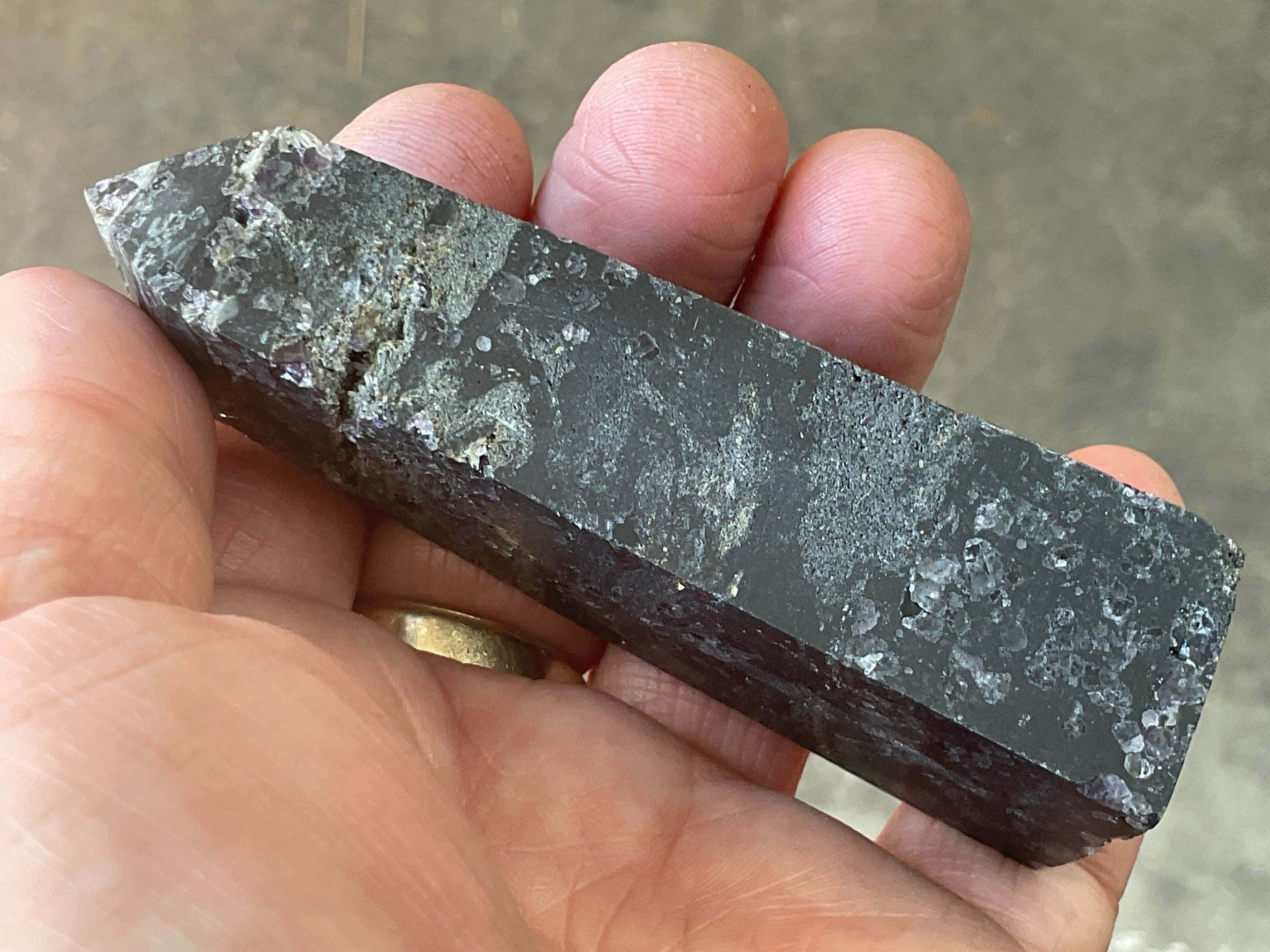 110g Chalcedony on Druzy Quartz Generator with Lavender Fluorite and Clear Quartz 4A