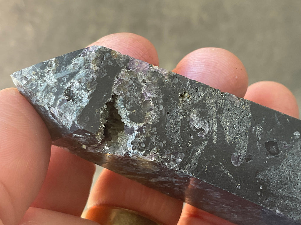 110g Chalcedony on Druzy Quartz Generator with Lavender Fluorite and Clear Quartz 4A
