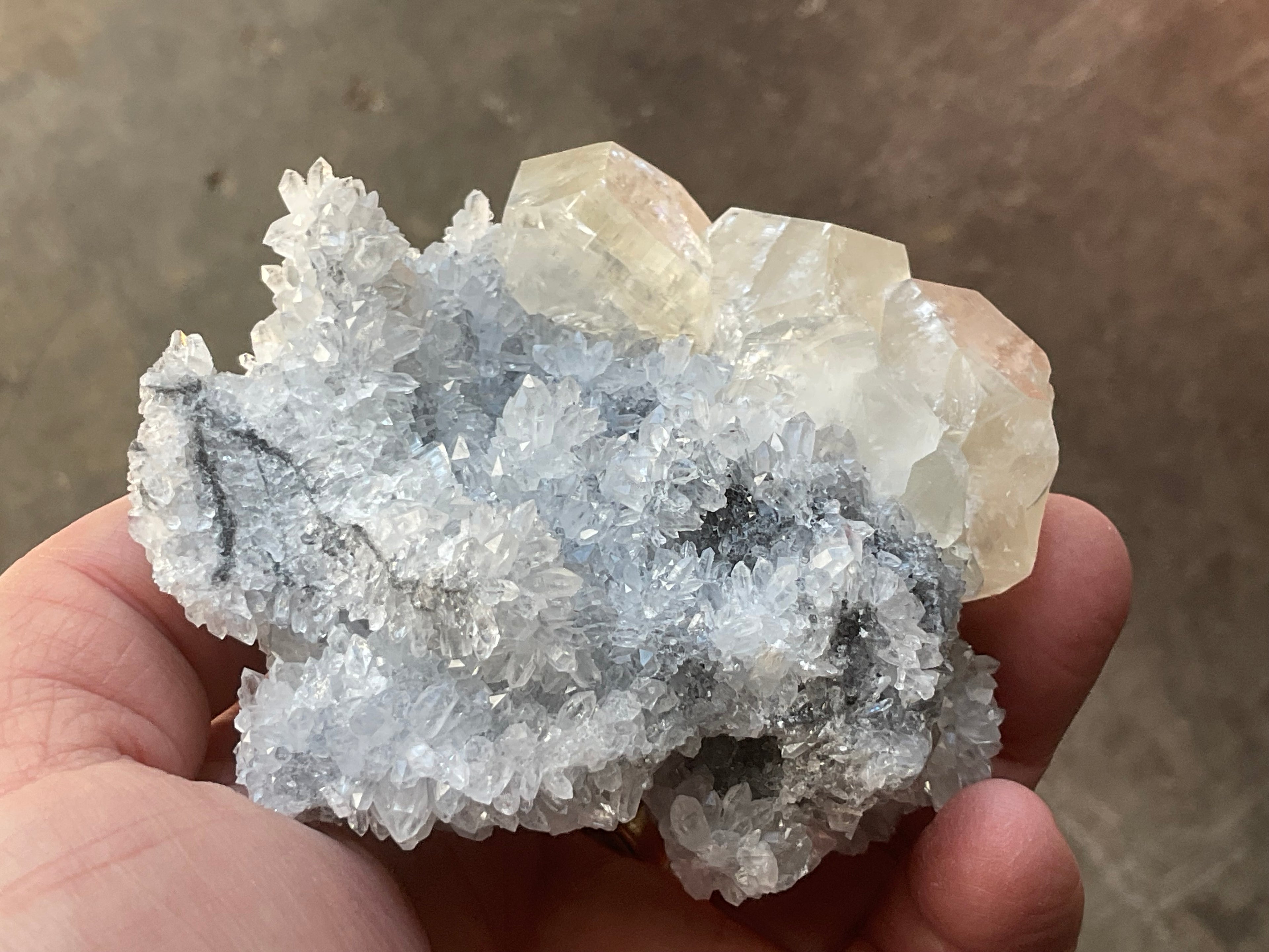312g Large Diamond Calcite on Needle Quartz 3A from Fujian, China