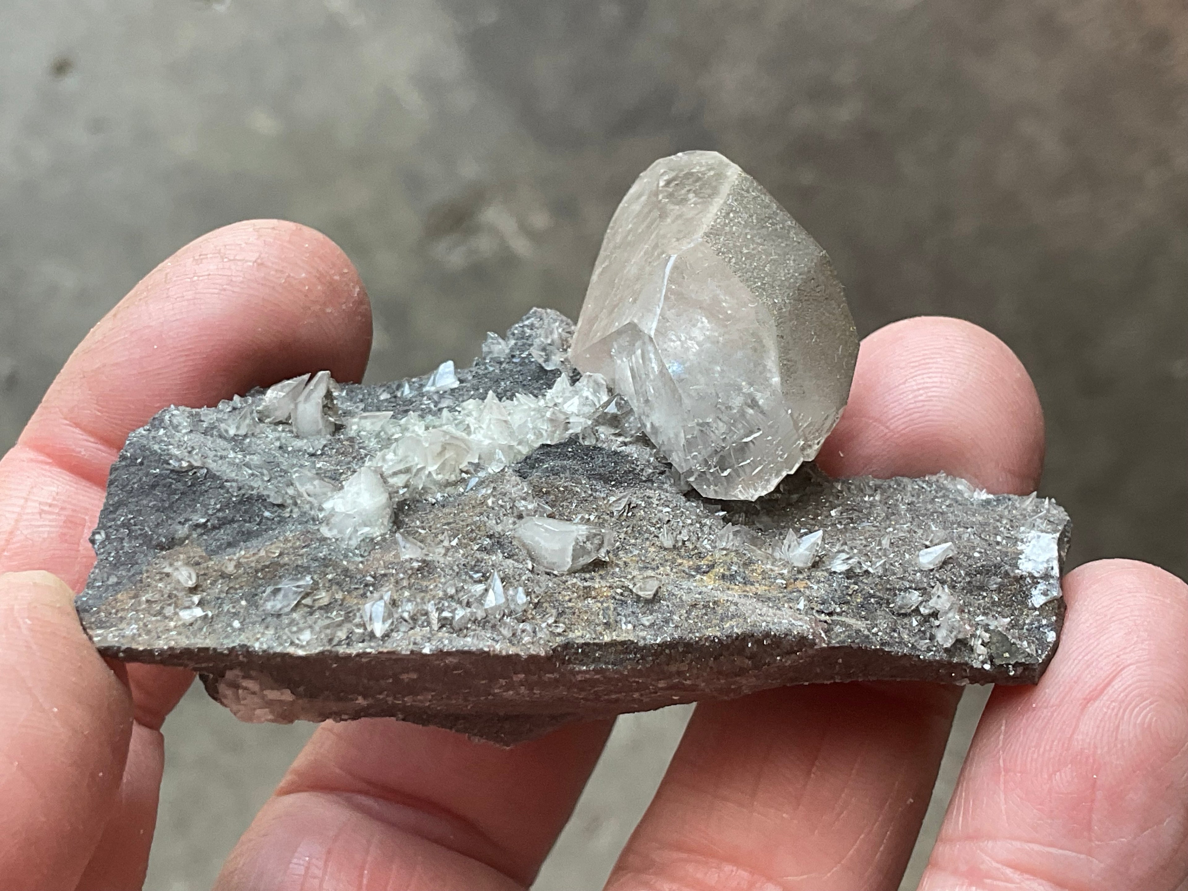 40g Large Dog Tooth Calcite on Pyrite/Chalcedony on Druzy Quartz Matrix Specimen 2A from Fujian China
