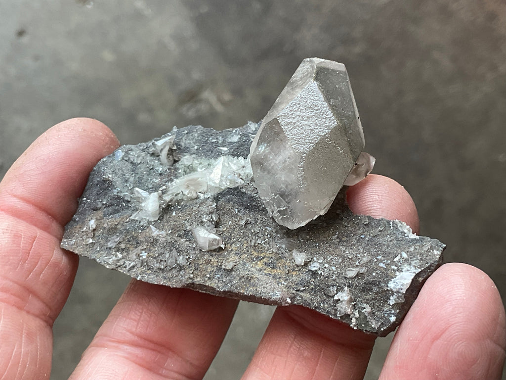 40g Large Dog Tooth Calcite on Pyrite/Chalcedony on Druzy Quartz Matrix Specimen 2A from Fujian China
