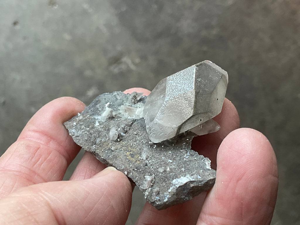 40g Large Dog Tooth Calcite on Pyrite/Chalcedony on Druzy Quartz Matrix Specimen 2A from Fujian China