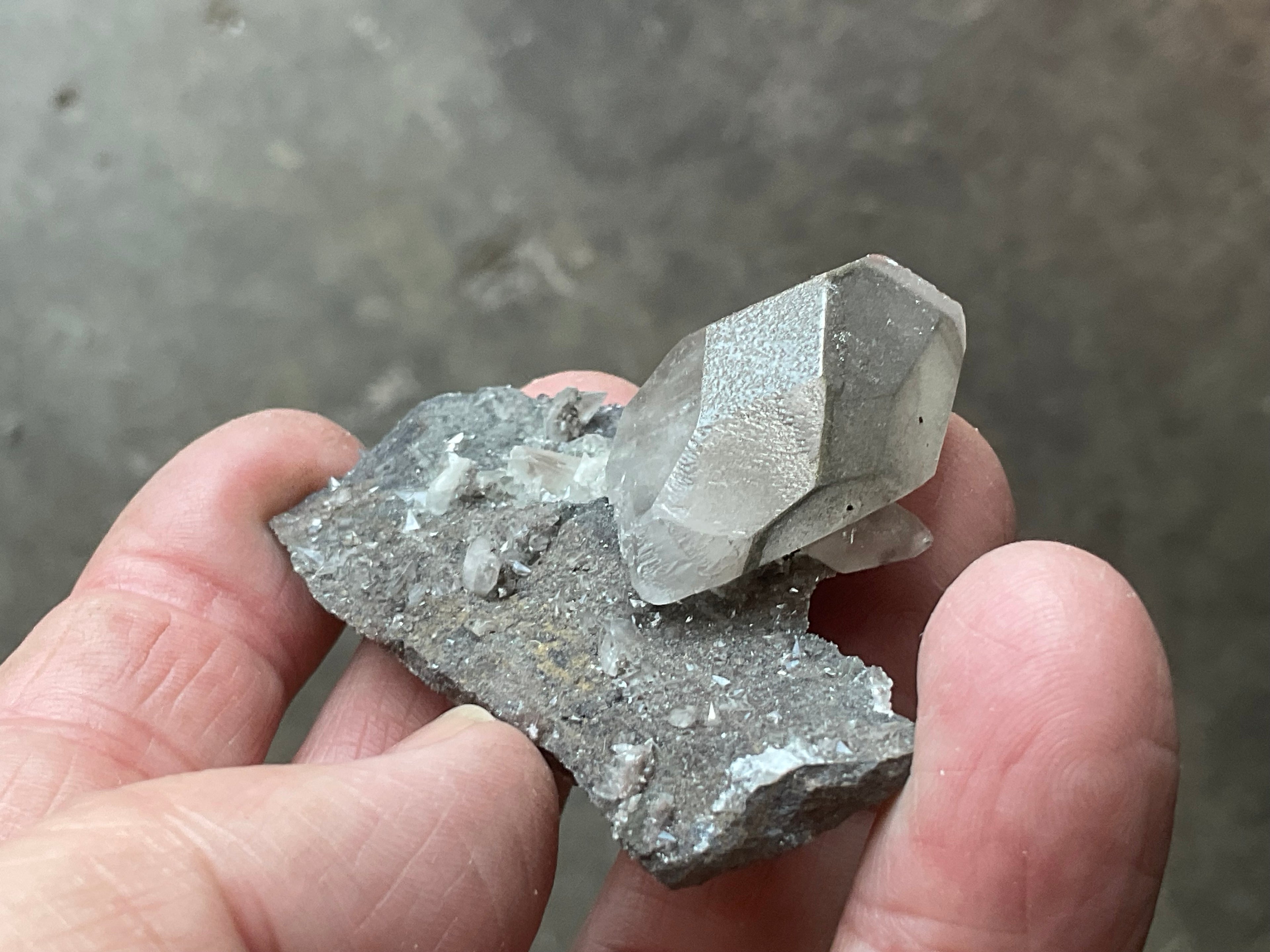 40g Large Dog Tooth Calcite on Pyrite/Chalcedony on Druzy Quartz Matrix Specimen 2A from Fujian China
