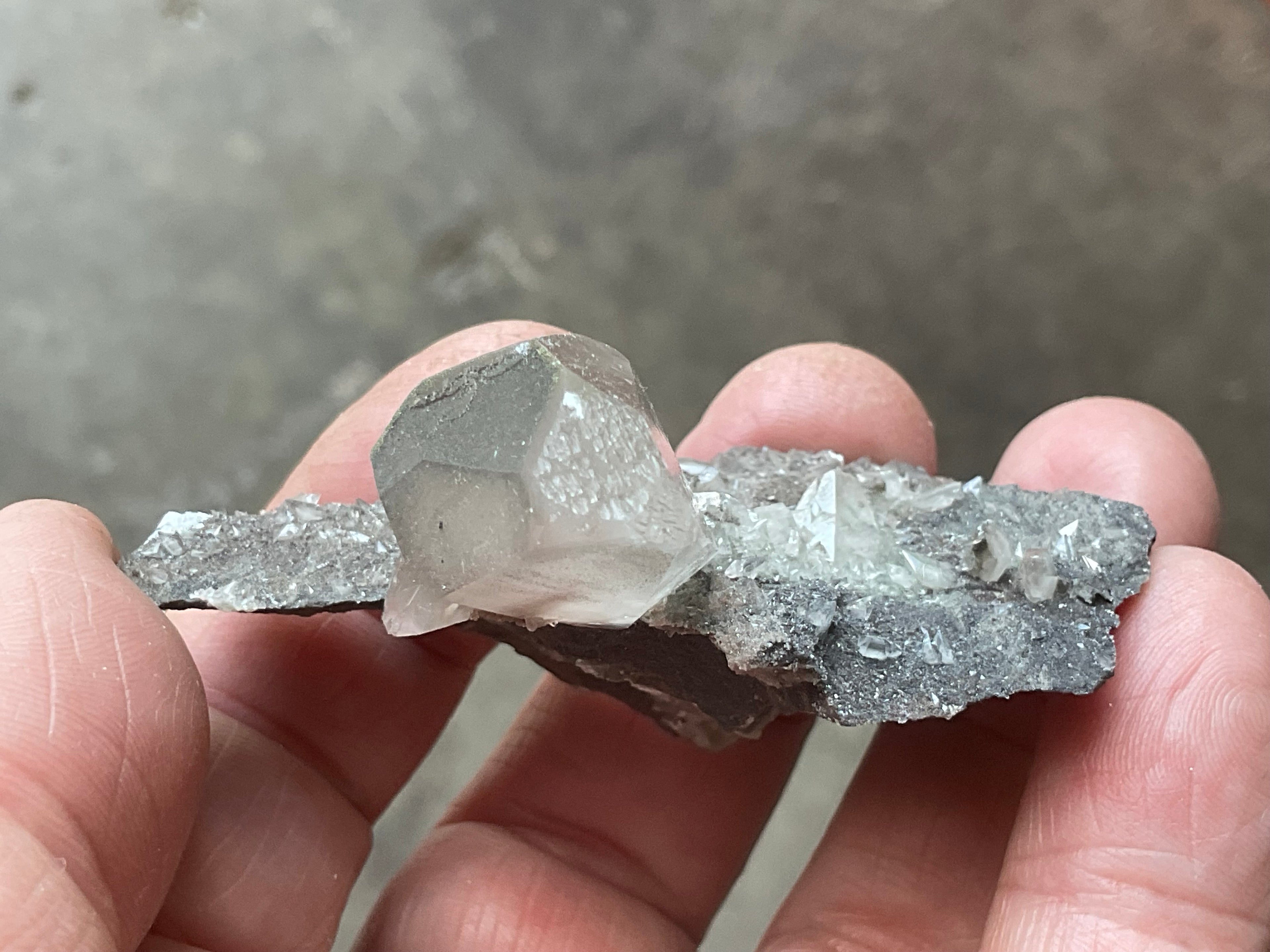 40g Large Dog Tooth Calcite on Pyrite/Chalcedony on Druzy Quartz Matrix Specimen 2A from Fujian China