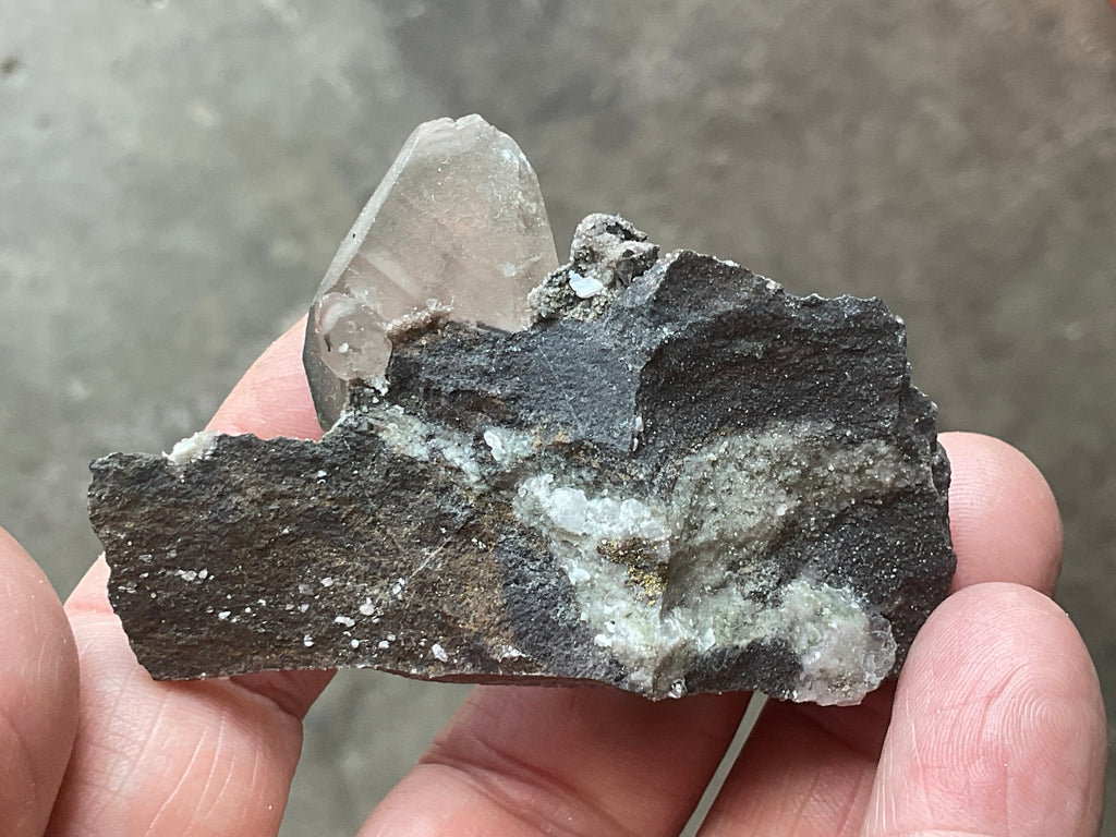 40g Large Dog Tooth Calcite on Pyrite/Chalcedony on Druzy Quartz Matrix Specimen 2A from Fujian China