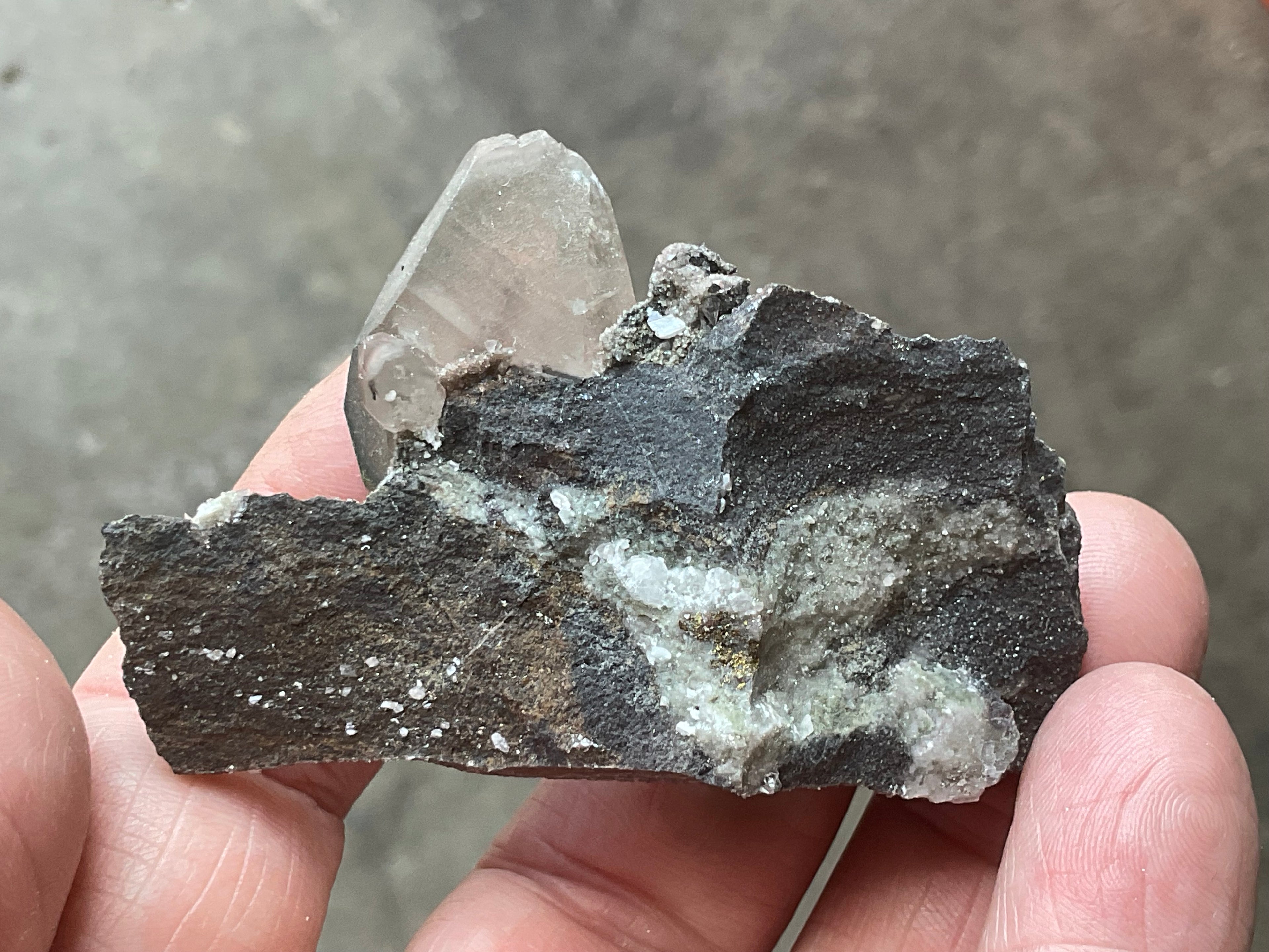 40g Large Dog Tooth Calcite on Pyrite/Chalcedony on Druzy Quartz Matrix Specimen 2A from Fujian China