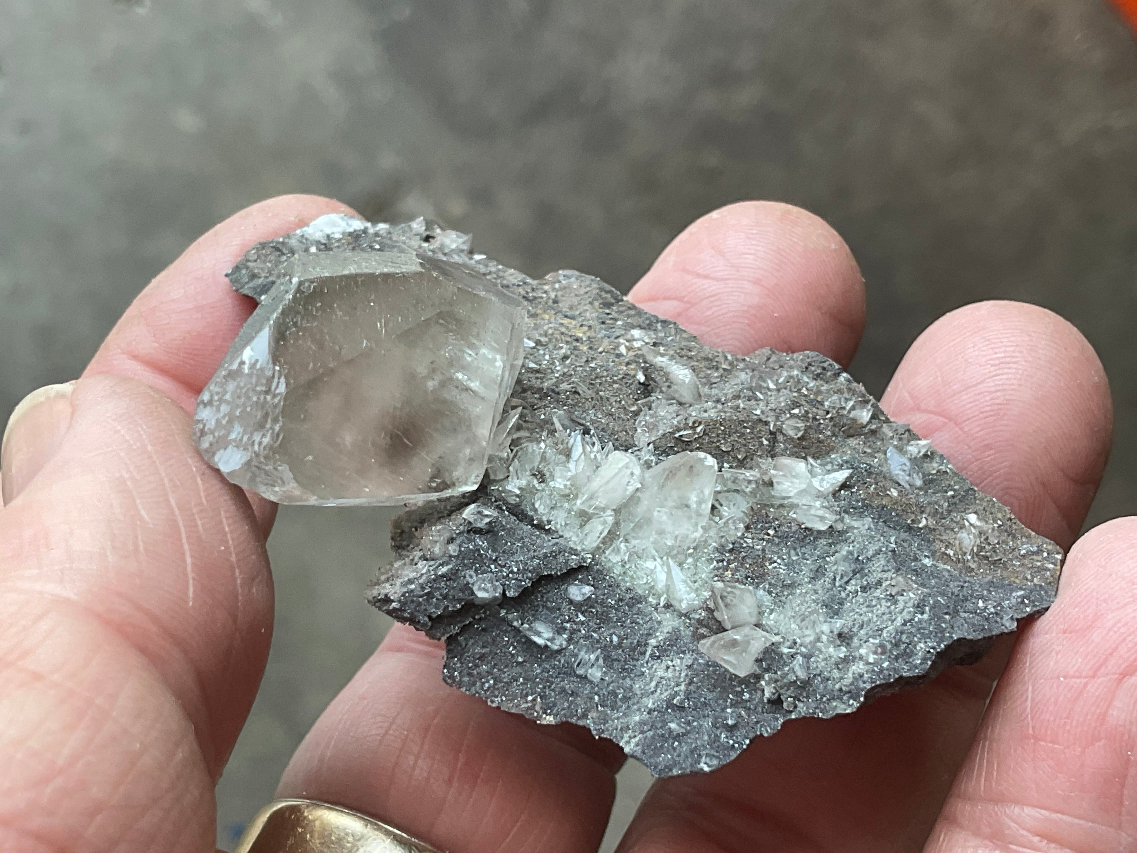 40g Large Dog Tooth Calcite on Pyrite/Chalcedony on Druzy Quartz Matrix Specimen 2A from Fujian China