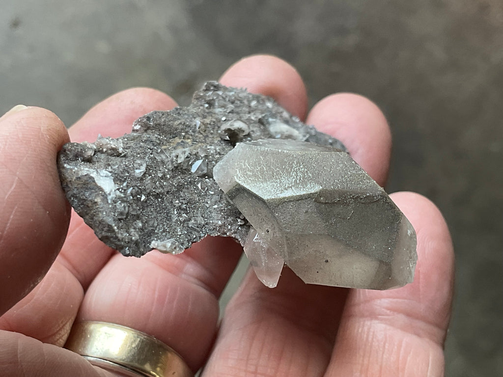 40g Large Dog Tooth Calcite on Pyrite/Chalcedony on Druzy Quartz Matrix Specimen 2A from Fujian China
