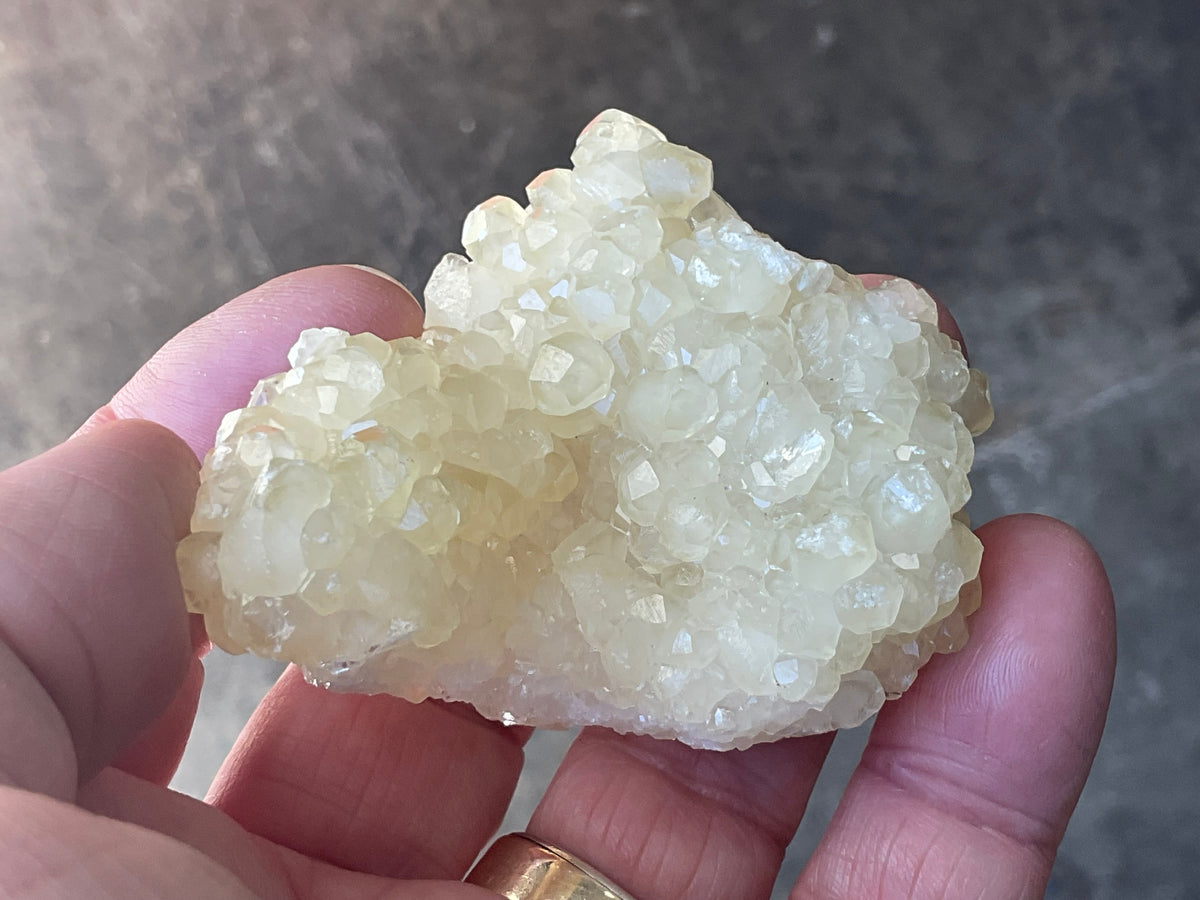 62g Yellow Botryoidal Calcite on Chalcedony on Druzy Quartz Specimen 1B from Guizhou, China