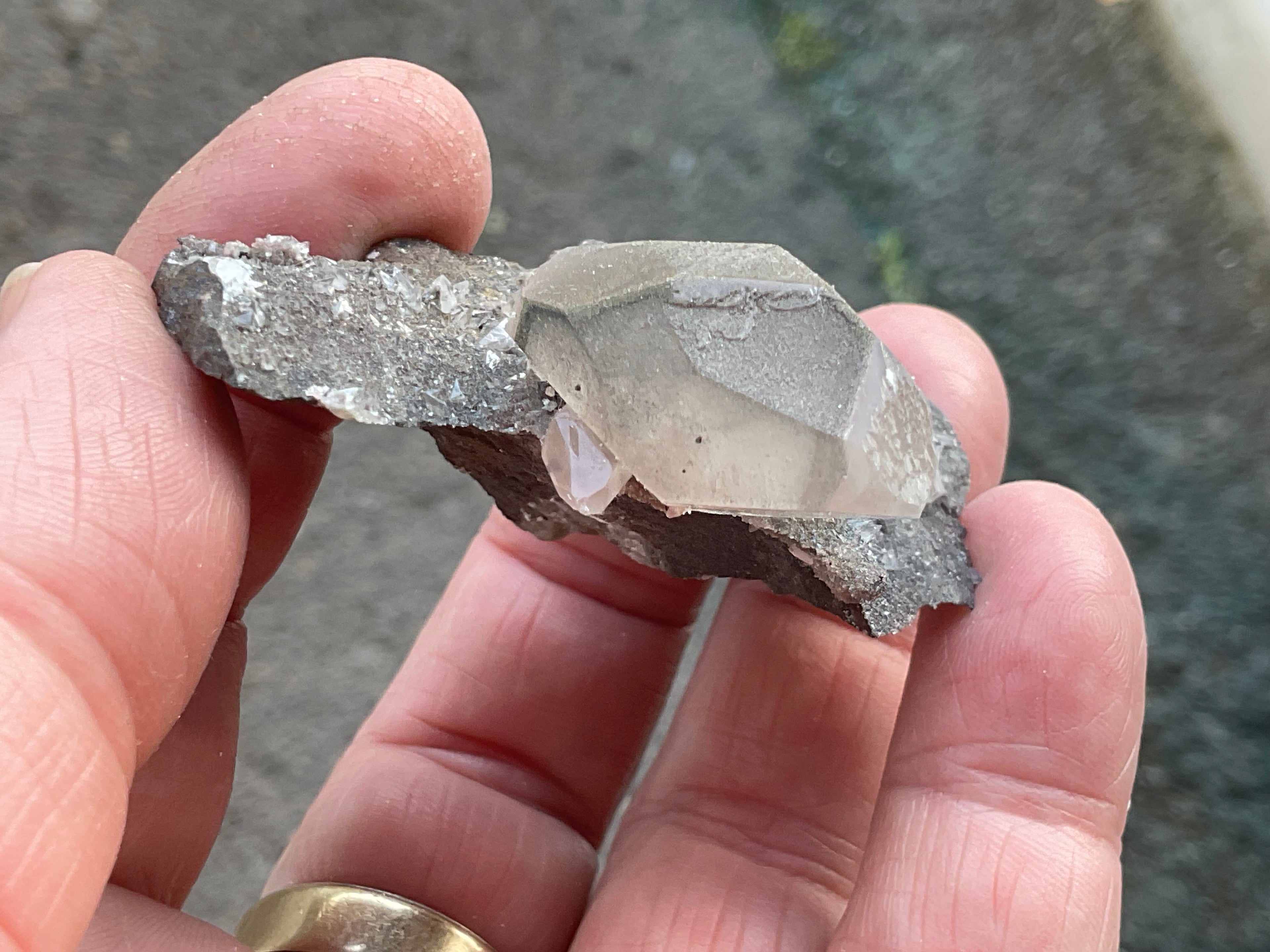 40g Large Dog Tooth Calcite on Pyrite/Chalcedony on Druzy Quartz Matrix Specimen 2A from Fujian China
