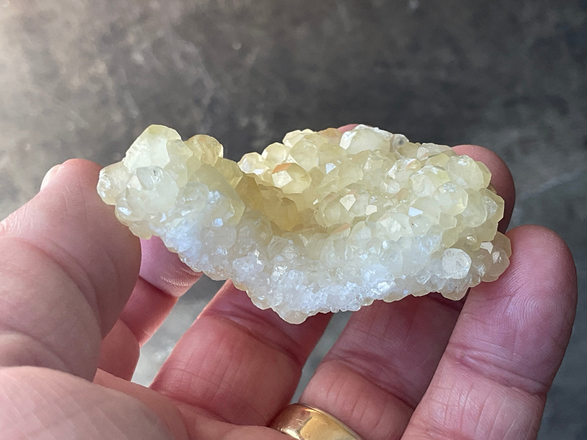 62g Yellow Botryoidal Calcite on Chalcedony on Druzy Quartz Specimen 1B from Guizhou, China