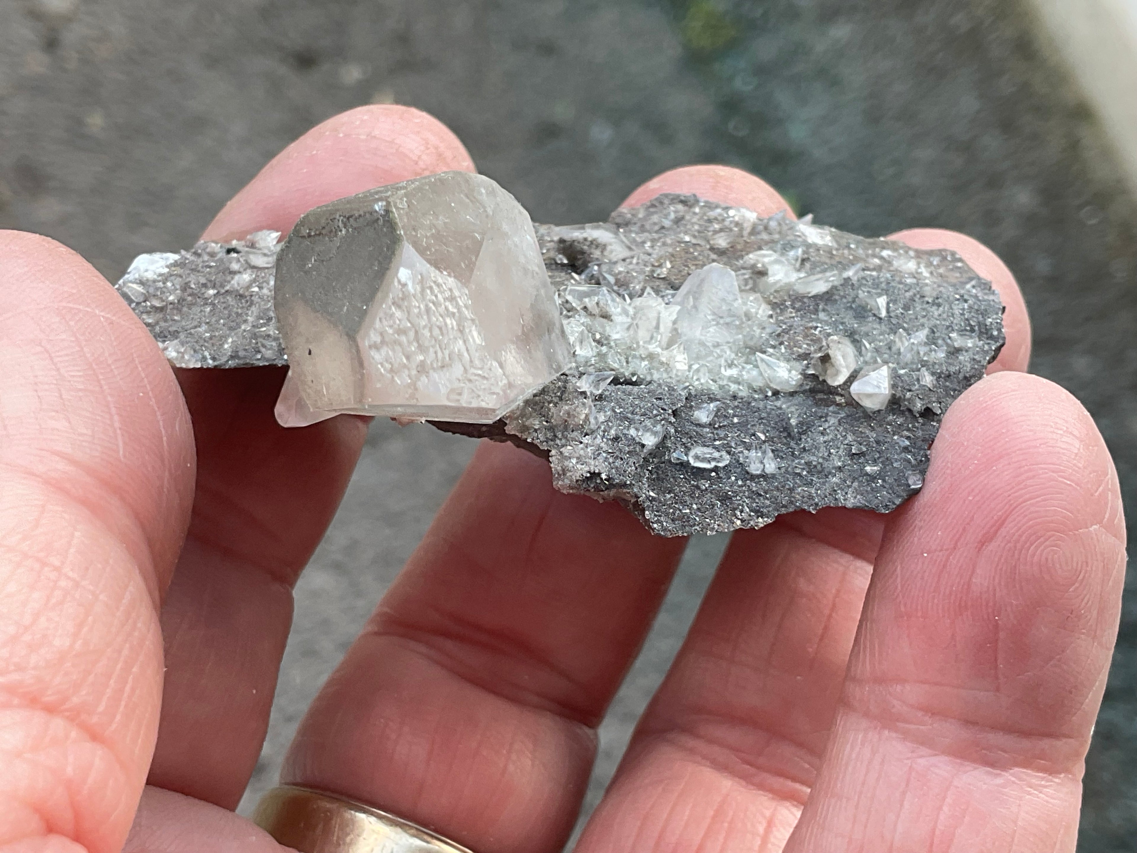 40g Large Dog Tooth Calcite on Pyrite/Chalcedony on Druzy Quartz Matrix Specimen 2A from Fujian China