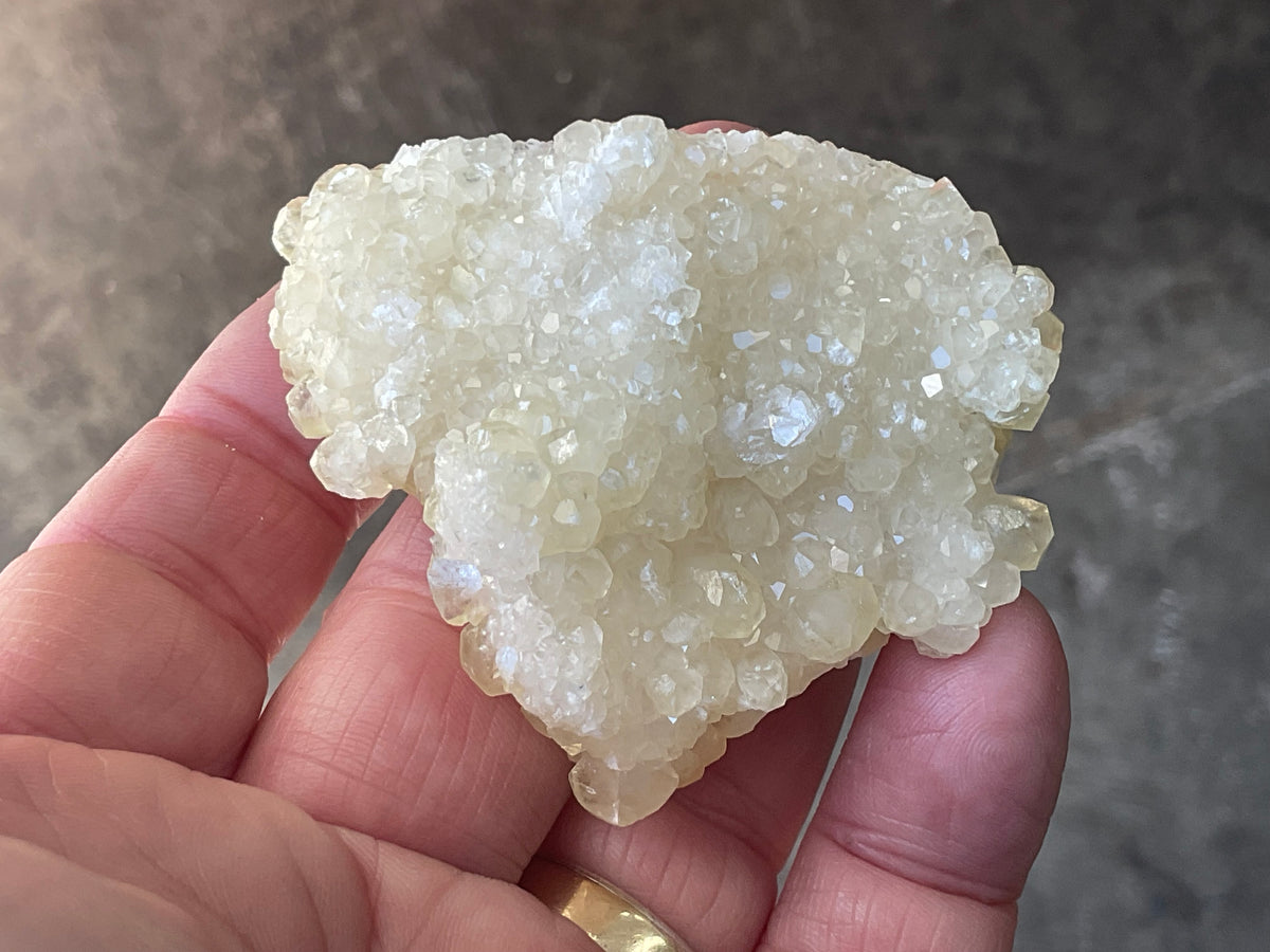 62g Yellow Botryoidal Calcite on Chalcedony on Druzy Quartz Specimen 1B from Guizhou, China
