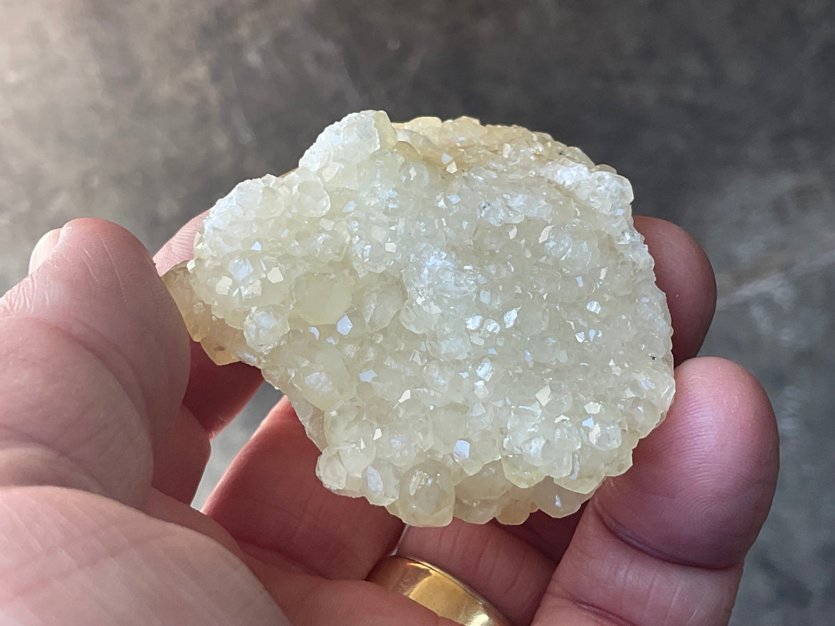 62g Yellow Botryoidal Calcite on Chalcedony on Druzy Quartz Specimen 1B from Guizhou, China