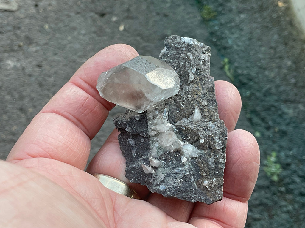 40g Large Dog Tooth Calcite on Pyrite/Chalcedony on Druzy Quartz Matrix Specimen 2A from Fujian China
