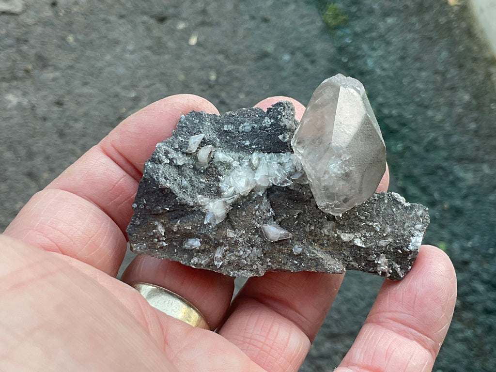 40g Large Dog Tooth Calcite on Pyrite/Chalcedony on Druzy Quartz Matrix Specimen 2A from Fujian China