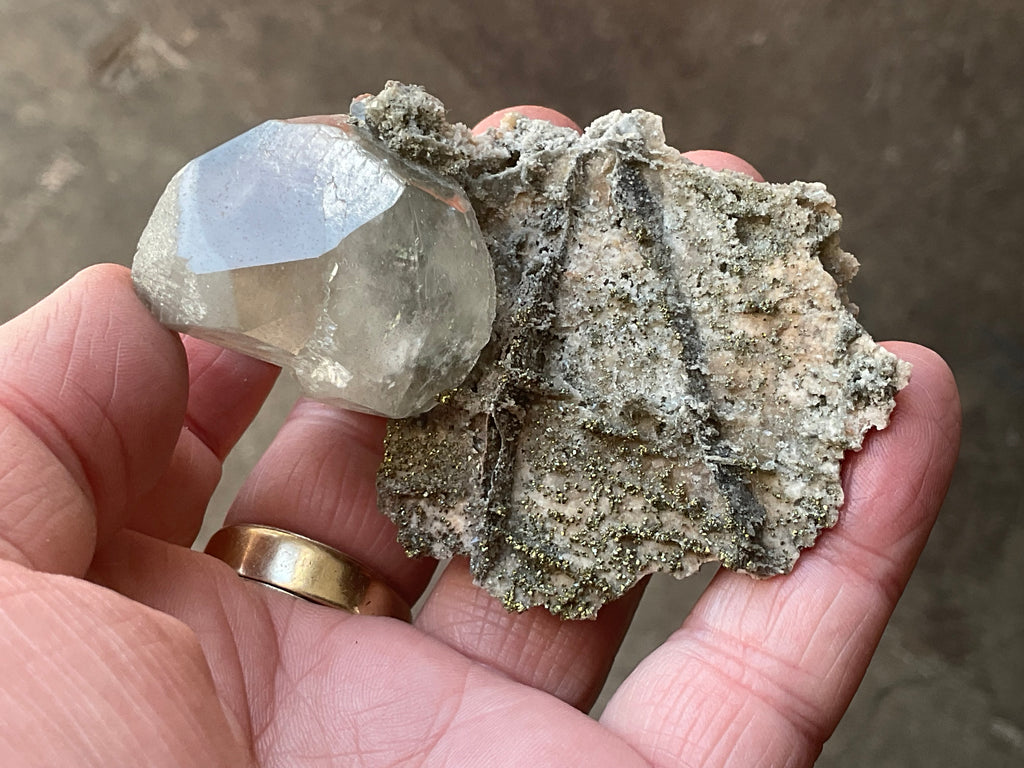56g Large Diamond Calcite on Pyrite/Chalcedony on Druzy Quartz Matrix Specimen 2B from Fujian,China