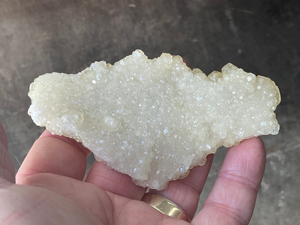82g Yellow Botryoidal Calcite on Chalcedony on Druzy Quartz Specimen 1C from Guizhou, China