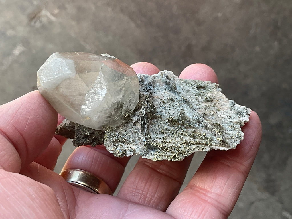 56g Large Diamond Calcite on Pyrite/Chalcedony on Druzy Quartz Matrix Specimen 2B from Fujian,China