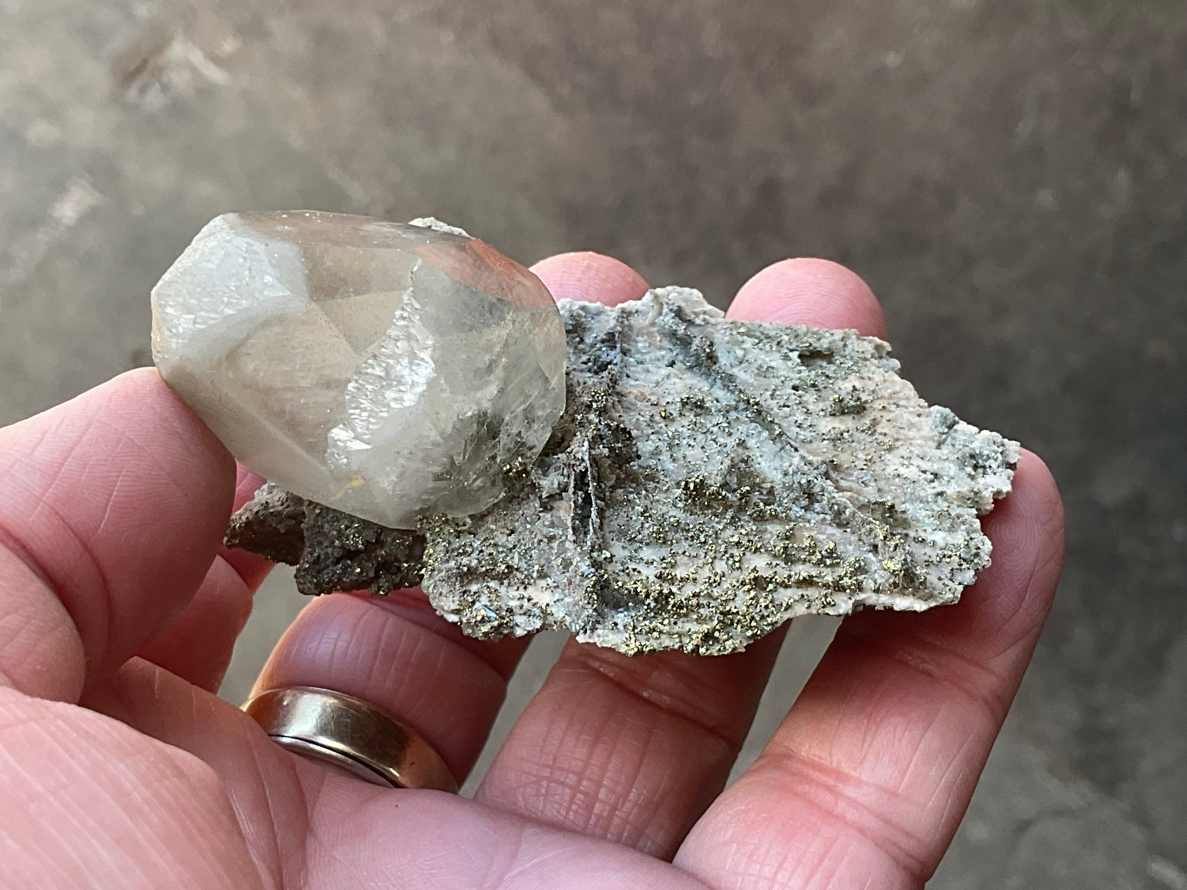 56g Large Diamond Calcite on Pyrite/Chalcedony on Druzy Quartz Matrix Specimen 2B from Fujian,China