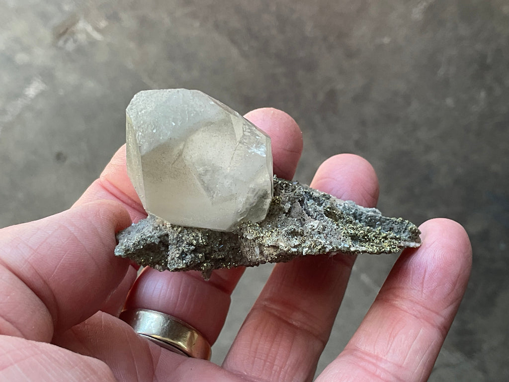 56g Large Diamond Calcite on Pyrite/Chalcedony on Druzy Quartz Matrix Specimen 2B from Fujian,China