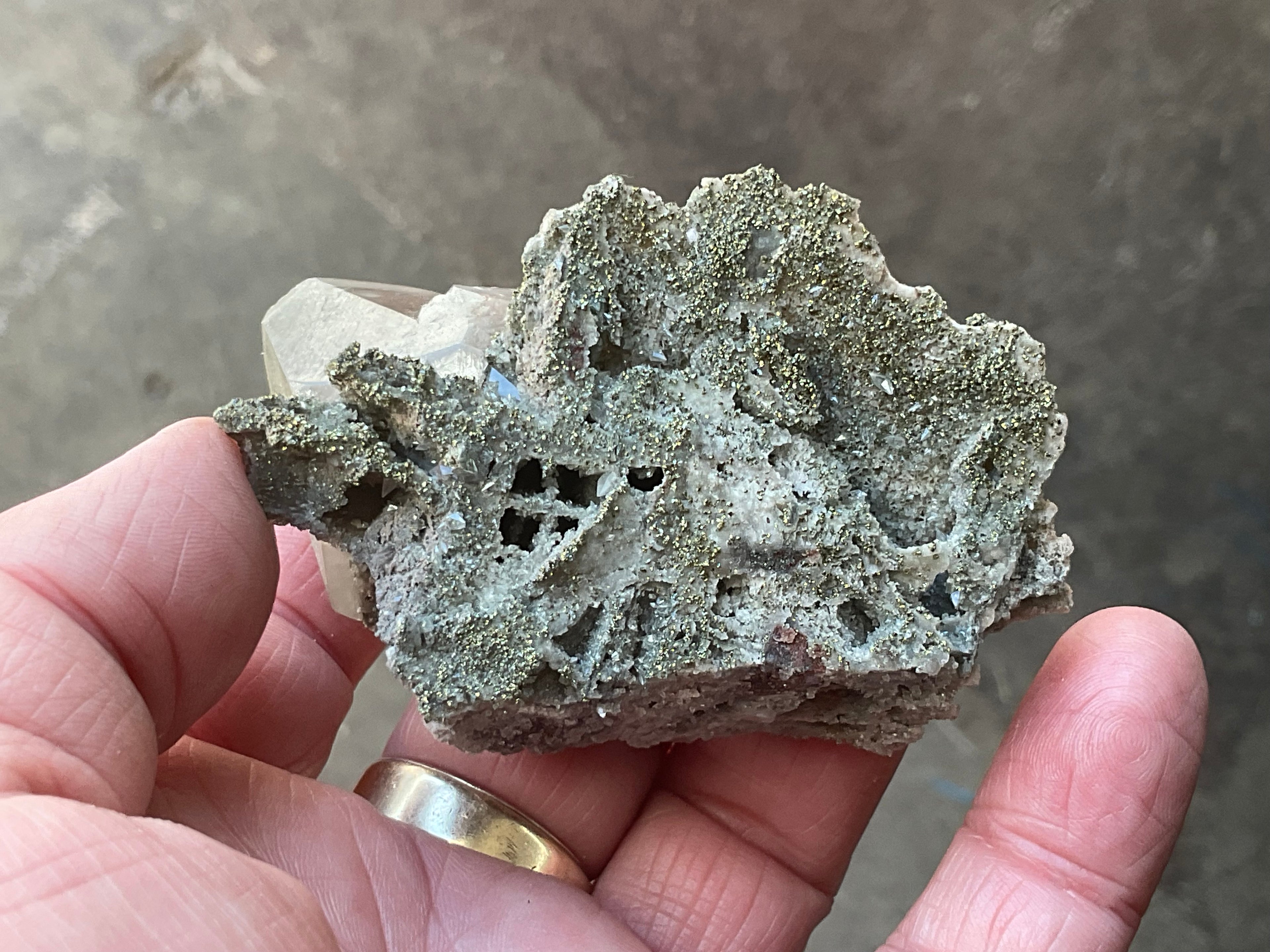 56g Large Diamond Calcite on Pyrite/Chalcedony on Druzy Quartz Matrix Specimen 2B from Fujian,China