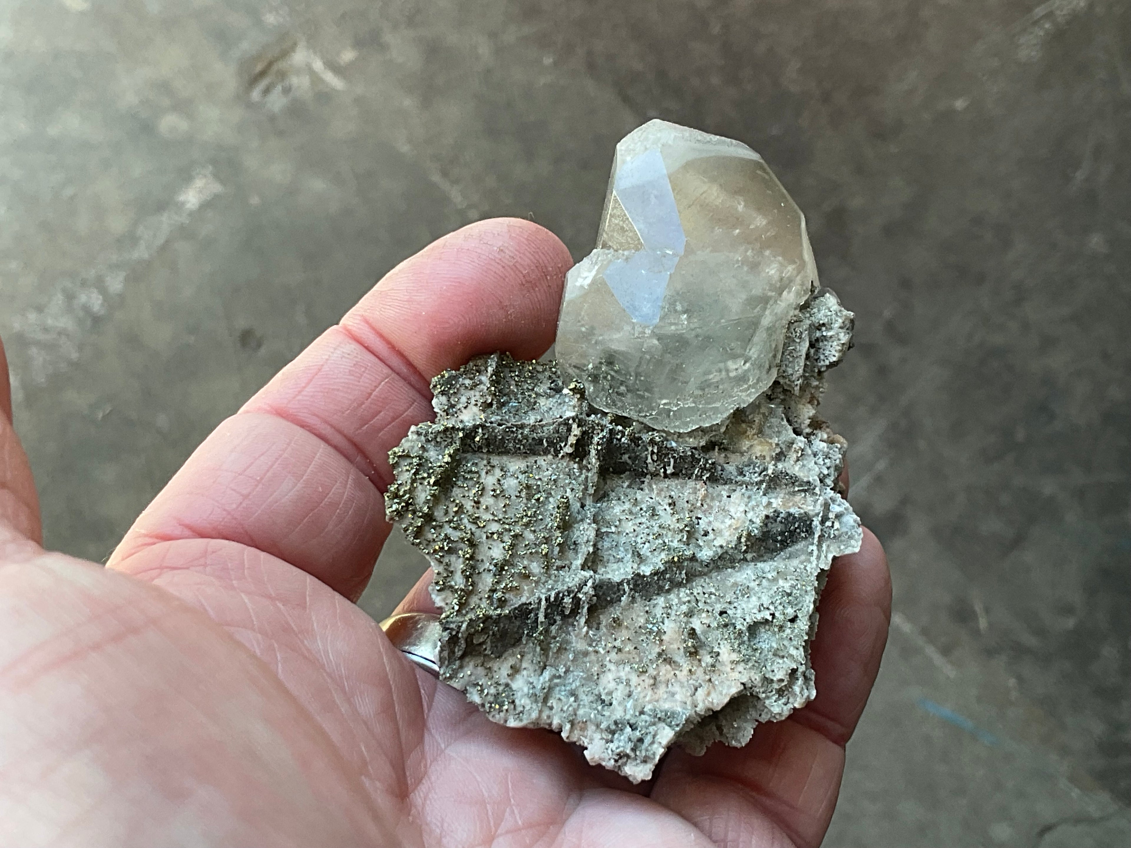 56g Large Diamond Calcite on Pyrite/Chalcedony on Druzy Quartz Matrix Specimen 2B from Fujian,China