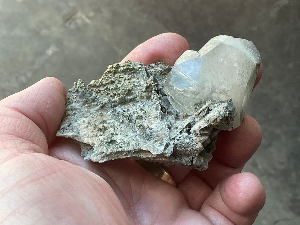 56g Large Diamond Calcite on Pyrite/Chalcedony on Druzy Quartz Matrix Specimen 2B from Fujian,China