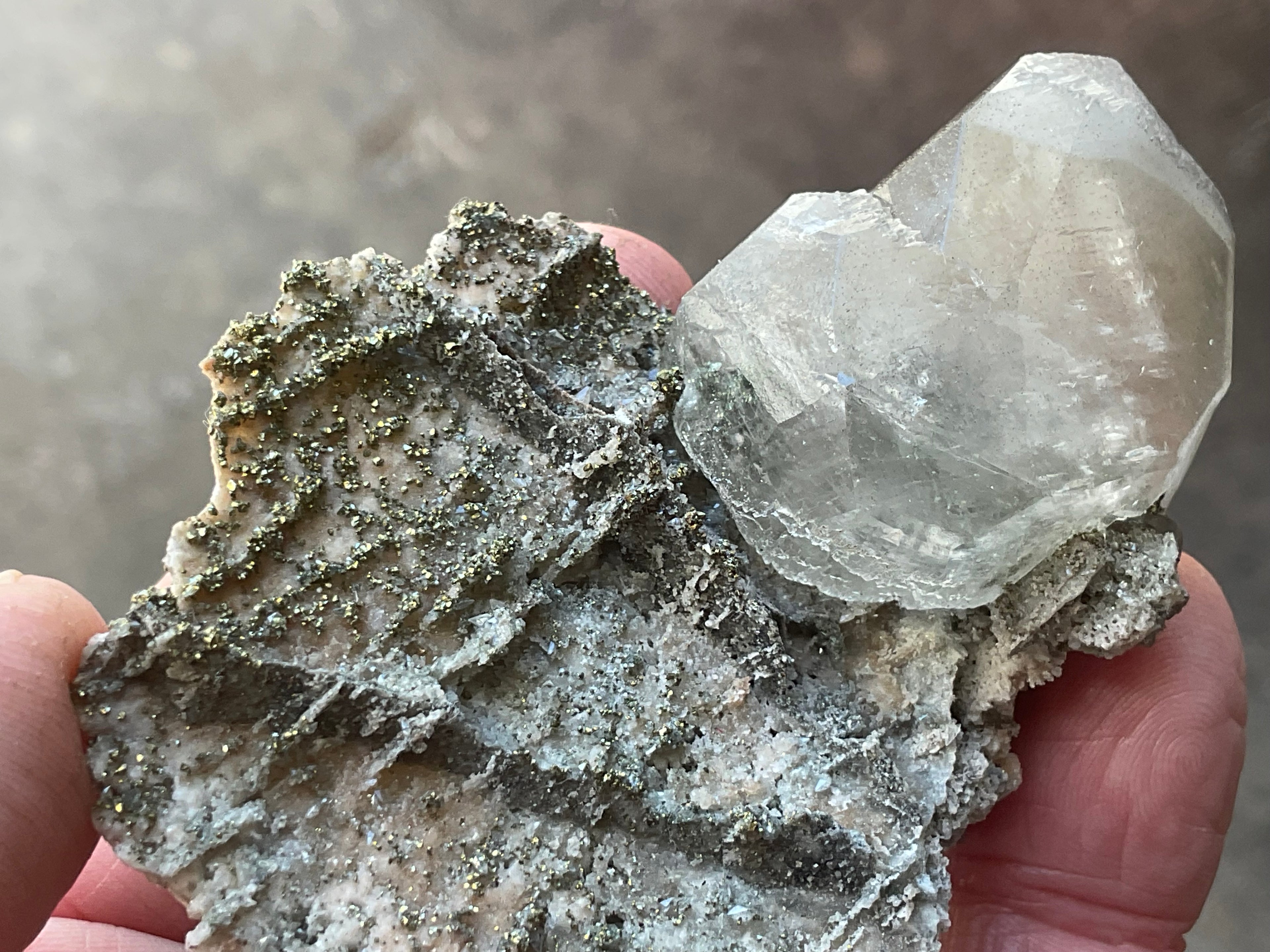 56g Large Diamond Calcite on Pyrite/Chalcedony on Druzy Quartz Matrix Specimen 2B from Fujian,China