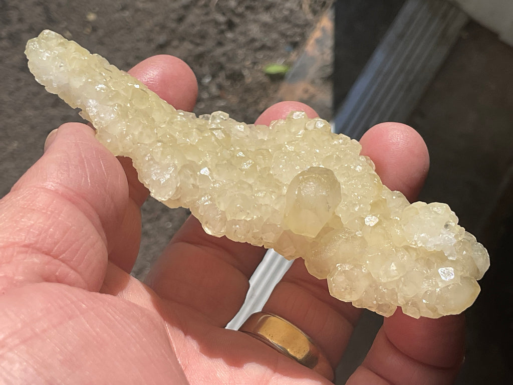 82g Yellow Botryoidal Calcite on Chalcedony on Druzy Quartz Specimen 1C from Guizhou, China