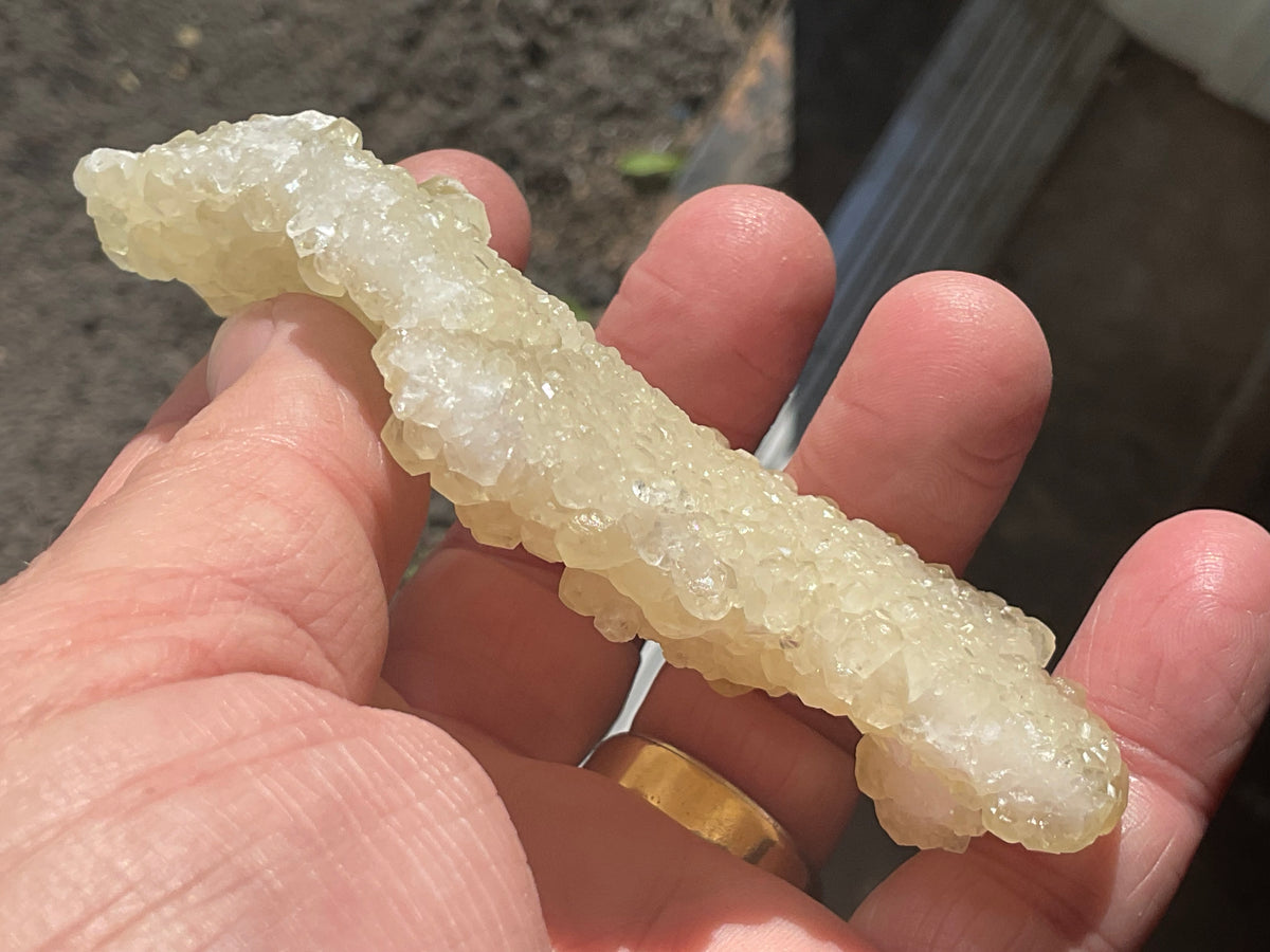 82g Yellow Botryoidal Calcite on Chalcedony on Druzy Quartz Specimen 1C from Guizhou, China