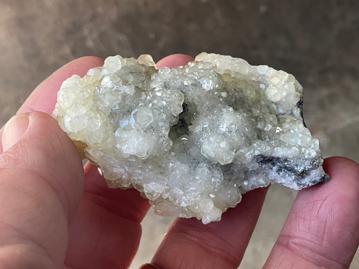 86g Yellow Botryoidal Calcite on Chalcedony on Druzy Quartz Specimen 2A from Guizhou, China
