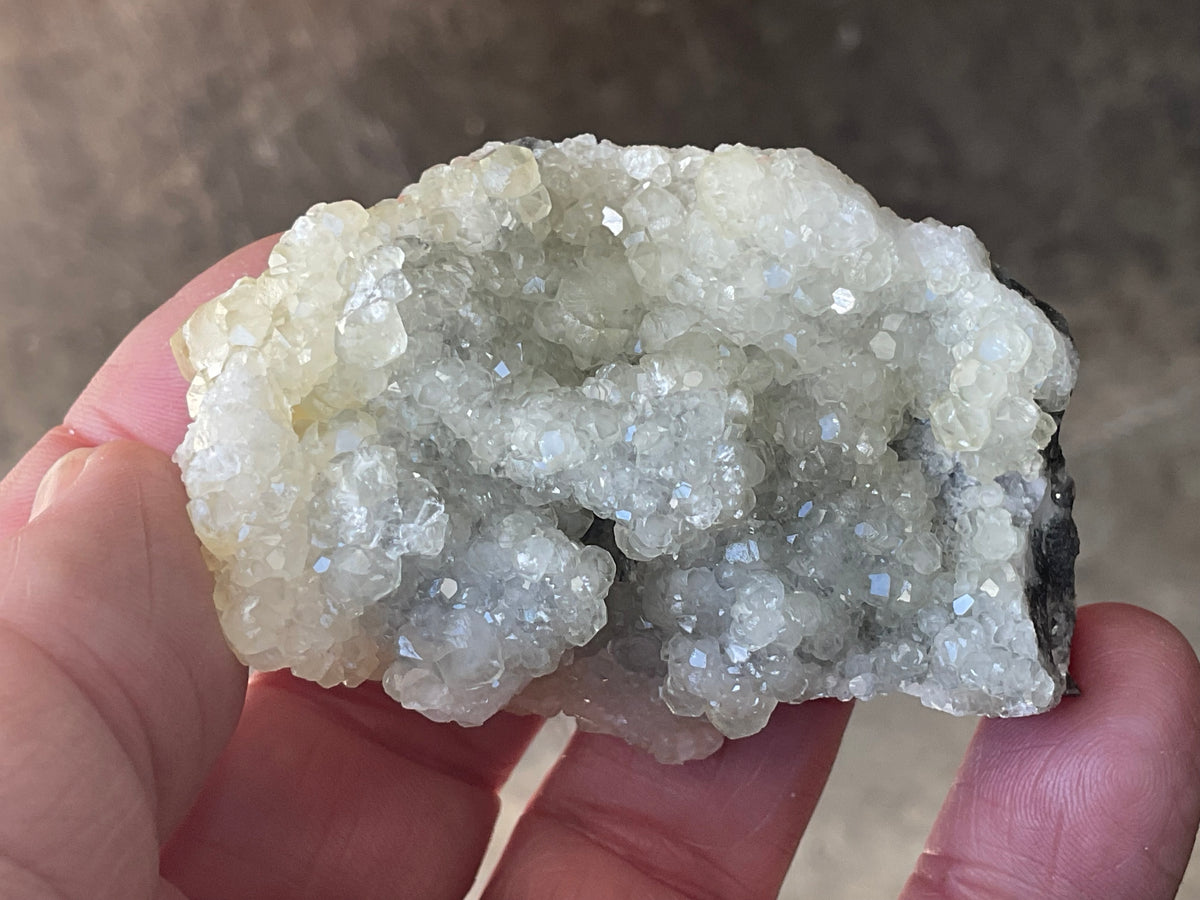 86g Yellow Botryoidal Calcite on Chalcedony on Druzy Quartz Specimen 2A from Guizhou, China