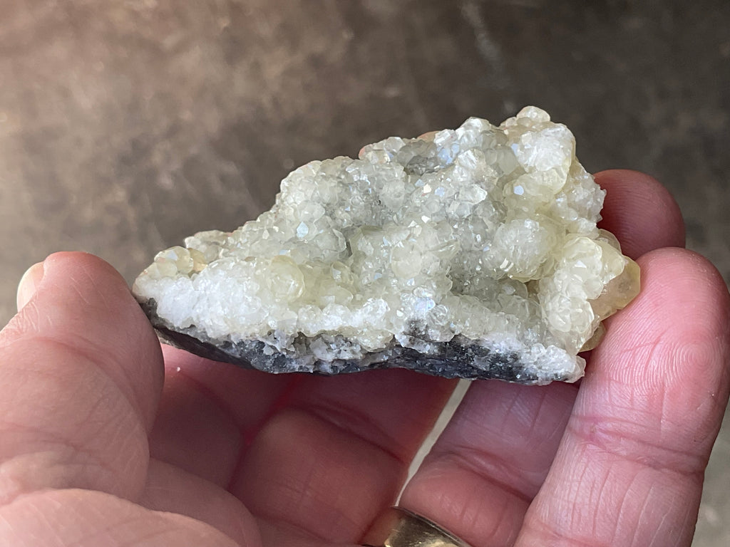 86g Yellow Botryoidal Calcite on Chalcedony on Druzy Quartz Specimen 2A from Guizhou, China