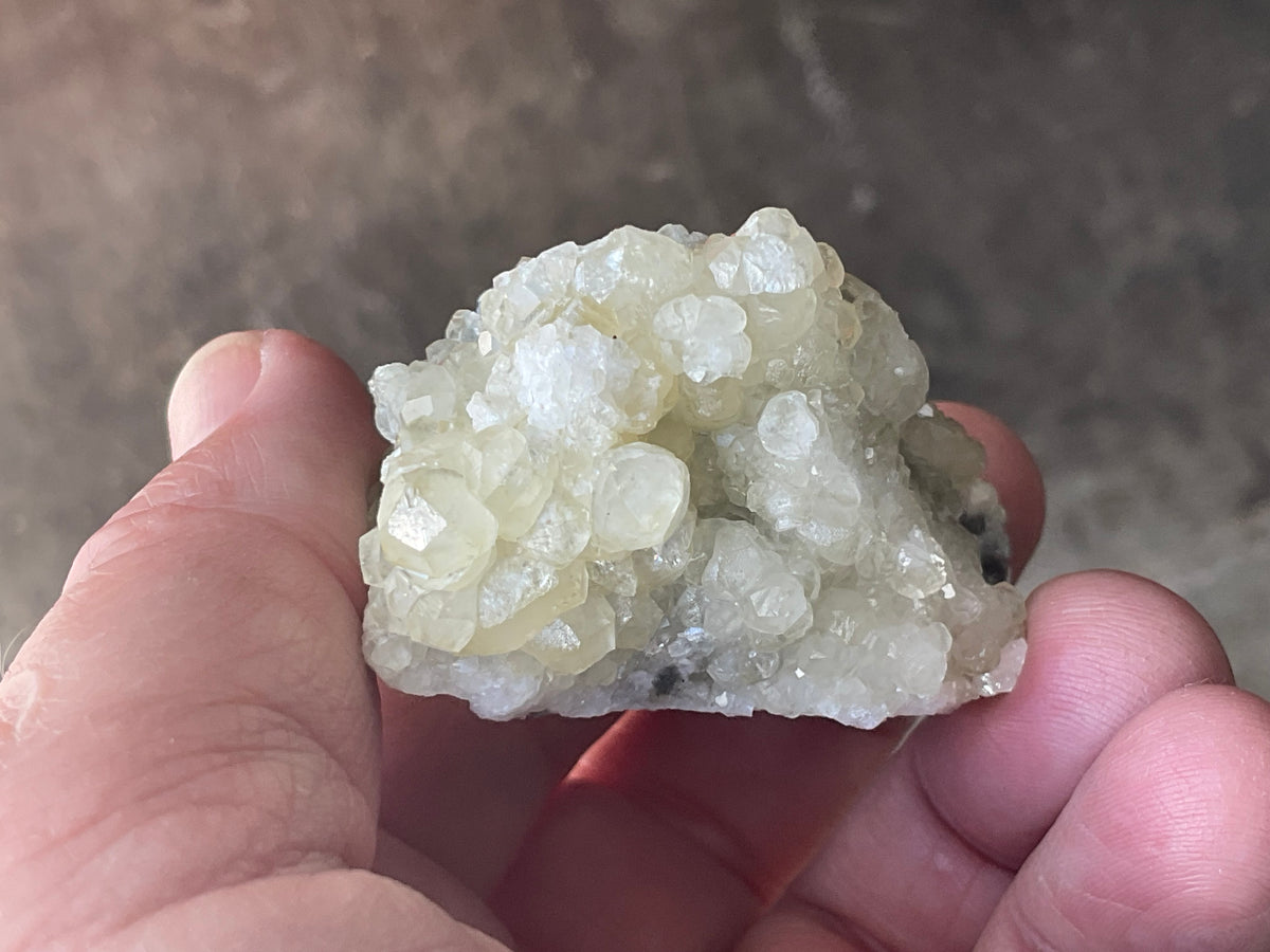 86g Yellow Botryoidal Calcite on Chalcedony on Druzy Quartz Specimen 2A from Guizhou, China