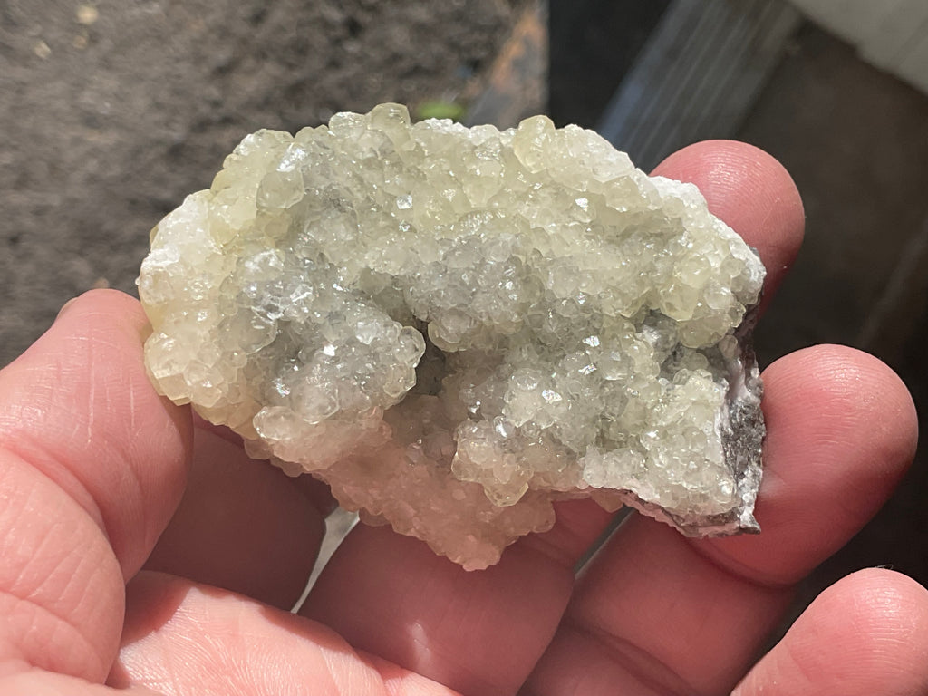 86g Yellow Botryoidal Calcite on Chalcedony on Druzy Quartz Specimen 2A from Guizhou, China