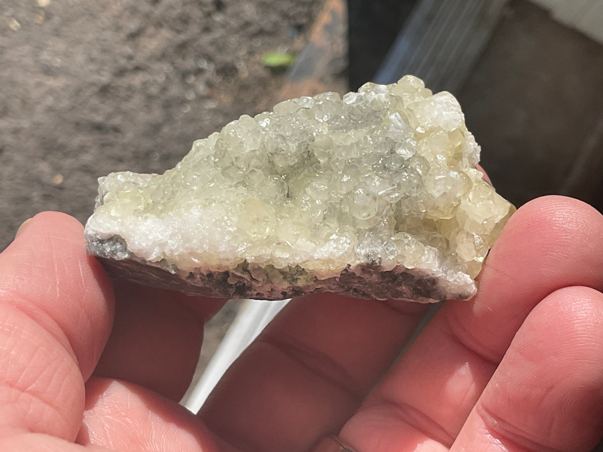 86g Yellow Botryoidal Calcite on Chalcedony on Druzy Quartz Specimen 2A from Guizhou, China
