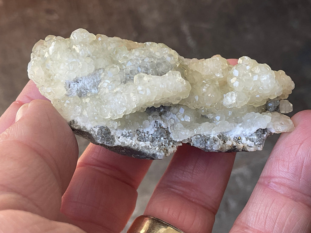 96g Yellow Botryoidal Calcite on Chalcedony on Druzy Quartz Specimen 2B from Guizhou, China