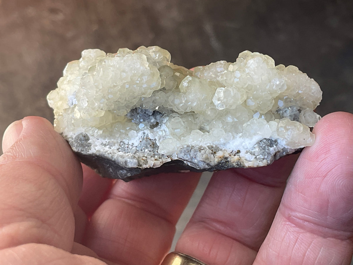 96g Yellow Botryoidal Calcite on Chalcedony on Druzy Quartz Specimen 2B from Guizhou, China