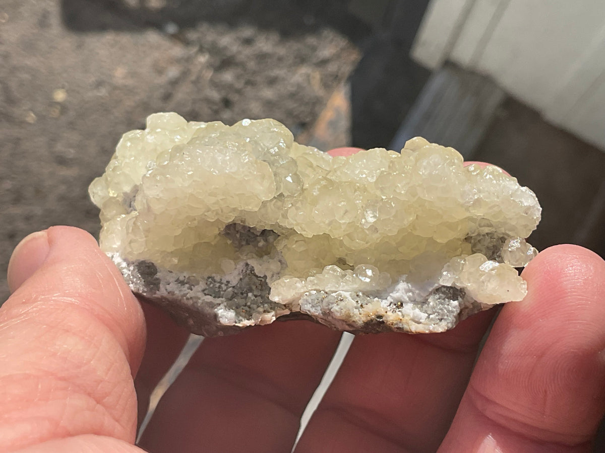 96g Yellow Botryoidal Calcite on Chalcedony on Druzy Quartz Specimen 2B from Guizhou, China