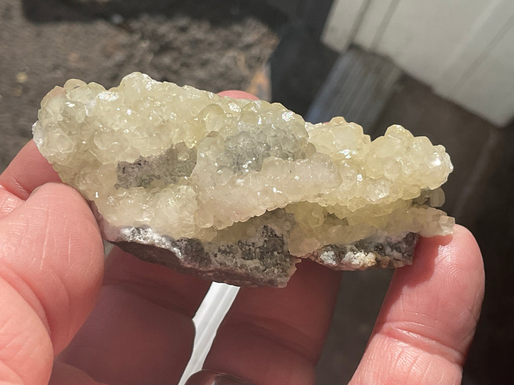 96g Yellow Botryoidal Calcite on Chalcedony on Druzy Quartz Specimen 2B from Guizhou, China