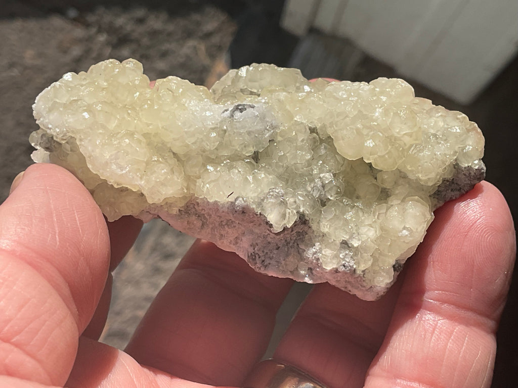 96g Yellow Botryoidal Calcite on Chalcedony on Druzy Quartz Specimen 2B from Guizhou, China