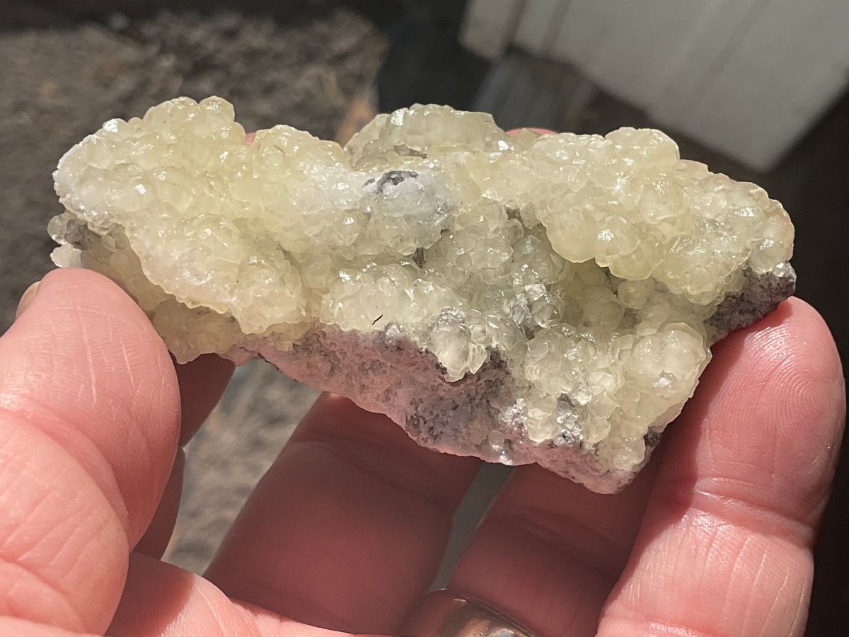96g Yellow Botryoidal Calcite on Chalcedony on Druzy Quartz Specimen 2B from Guizhou, China