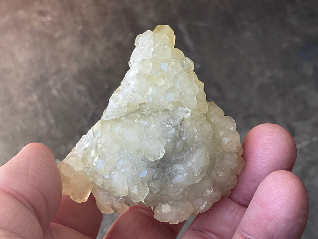 124g Yellow Botryoidal Calcite on Chalcedony on Druzy Quartz Specimen 2C from Guizhou, China